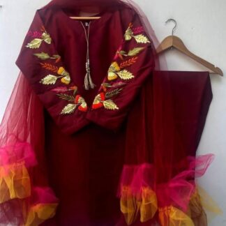Women Katan Silk Embroidered Suit Red Dupatta Set