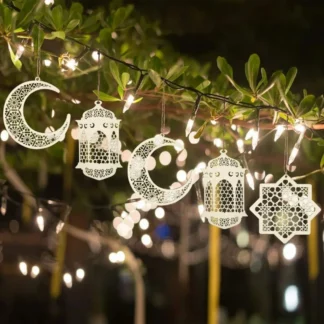 Ramzan Eid Wooden Wall Hanging Set of 5 White Crescent Lanterns