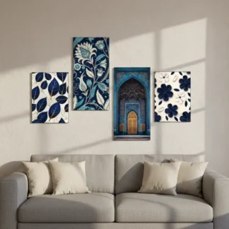 Blue Floral Wall Art Set 4 Pcs Double Tape
