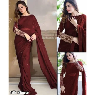 Maroon Chiffon Sequins Saree with Silk Blouse Set