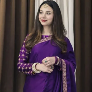 Purple Shamoz Silk Embroidered Saree Set for Women