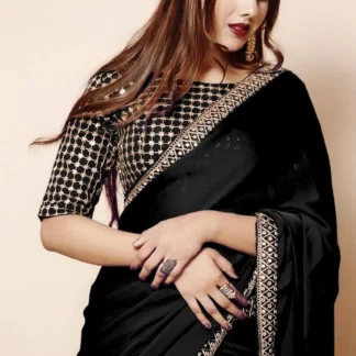 Black Embroidered Shamoz Silk Saree Set with Blouse