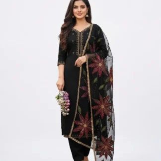 Premium Handmade Organza 3 Piece Suit Black with Heavy Beads & Stone Work