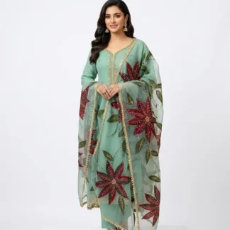 Premium Handmade Organza 3 Piece Suit Green Floral