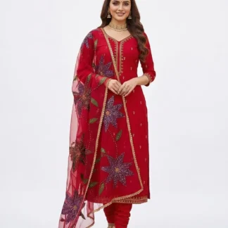 Premium Handmade Organza 3 Piece Suit Red with Beads & Oil Paint Dupatta