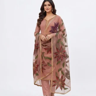 Premium Handmade Organza 3 Piece Suit with Heavy Beads & Oil Paint Dupatta