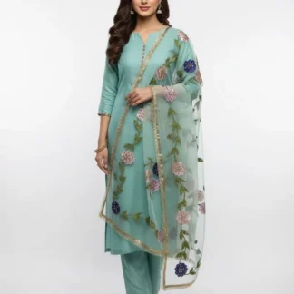 3 Piece Silk Embroidered Party Suit Mint Green