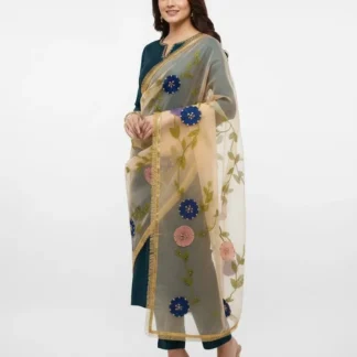 3 Piece Silk Embroidered Party Suit with Heavy Kiran Lace Dupatta
