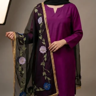 3 Piece Kattan Silk Party Suit with Hand Painted Dupatta