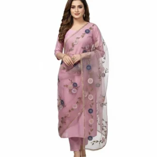Pink Kattan Silk 3-Piece Party Wear Suit with Hand Painted Dupatta