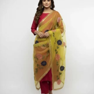 3 Piece Silk Party Wear Suit with Hand Painted Dupatta