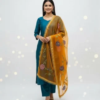 3 Piece Silk Party Wear Suit with Hand Painted Dupatta