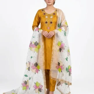 Handmade Oil Paint 3 Piece Kattan Silk Suit with Organza Glitter Dupatta