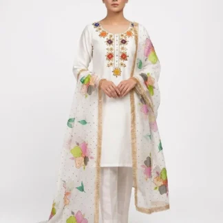 Handmade Oil Paint 3 Piece Kattan Silk Suit with Organza Glitter Dupatta
