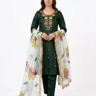 Handmade Oil Paint 3 Piece Kattan Silk Suit with Organza Glitter Dupatta