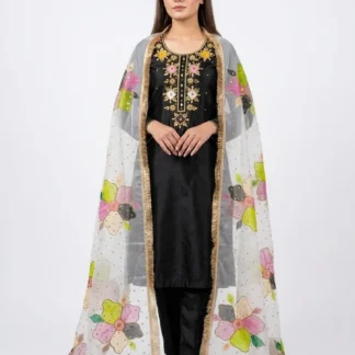 Handmade Oil Paint 3 Piece Kattan Silk Suit with Organza Glitter Dupatta