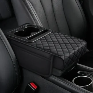 Car Armrest Cushion with Cup Holder PU Leather Black