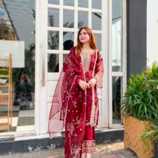 Red Organza Embroidered Suit for Women Wedding Eid Party