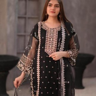 Embroidered Organza Suit Set - 3 Pcs in Black
