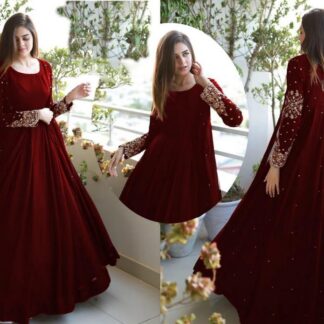 Maroon Embroidered 3Pc Gown Set Medium