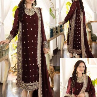 Maroon Embroidered 3Pcs Crinkle Chiffon Suit Medium to XL